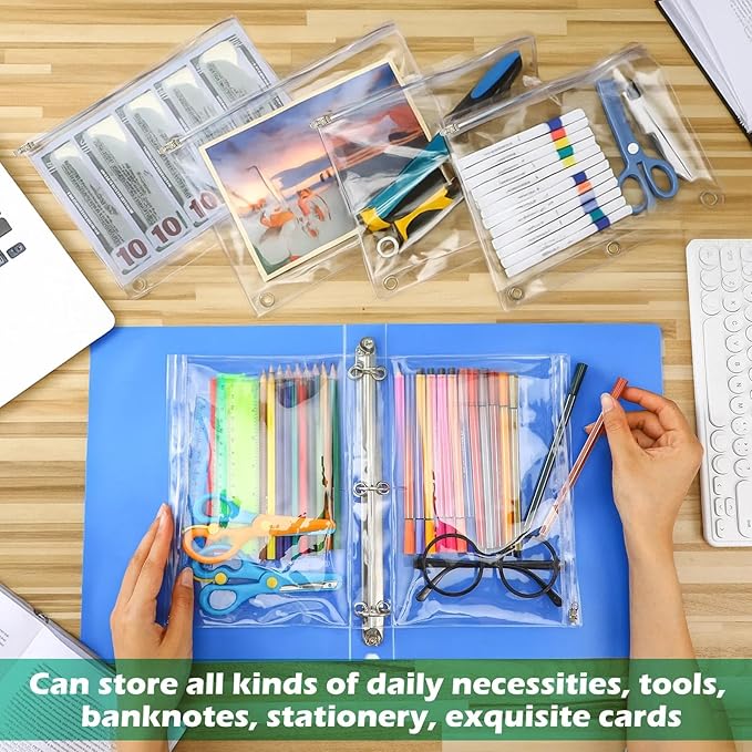 Lincia 48 Pack Clear Pencil Pouch for 3 Ring Binder Pencil Case with Zipper 3 Ring Binder Pocket Insert Bag 10 x 7'' Visible Cash Envelope with Re-enforced Grommet for Office (Clear)