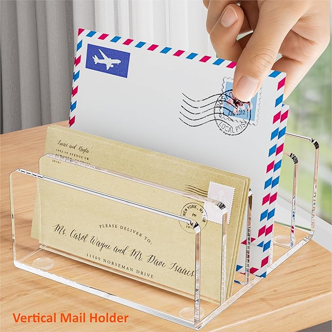 Desk Mail Organizer, 5 Section Clear Acrylic File Holder Letter Organizer, Vertical Lightweight Modern Envelope Holder Desk Accessories & Workspace Organizers for Office, Home, School