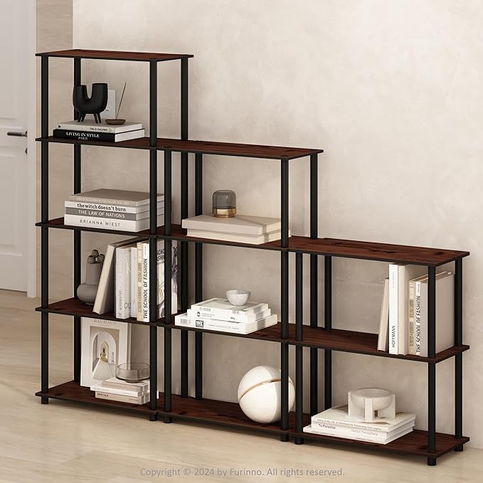 Furinno Turn-N-Tube Book Shelf, 5-Tier Bookshelf, Bookcase with Multipurpose Compact Display Rack, 11.6 x 23.6 x 57.4, for Living Room, Bedroom, Home Office, Dark Cherry/Black