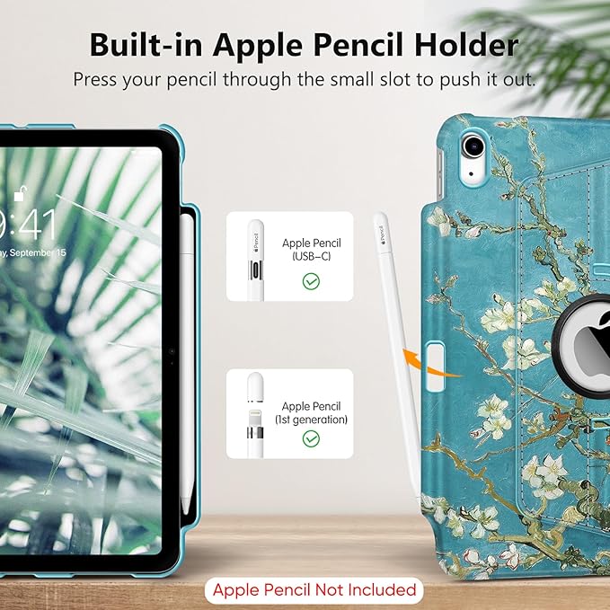 Fintie Rotating Case for iPad (A16) 11th Generation 11 Inch (2025), iPad 10th Generation 10.9 Inch (2022) - [Built-in Pencil Holder] 360 Degree Rotating Protective Stand Cover, Blossom