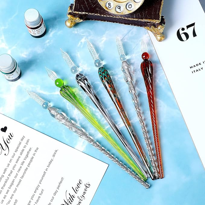 Zonon 6 Pcs Handmade Glass Dip Pen Crystal Glass Signature Pen Calligraphy Glass Pen Dip Ink Pen Borosilicate Present Pen for Writing Drawing Signatures (Vintage Color,Fresh Style)