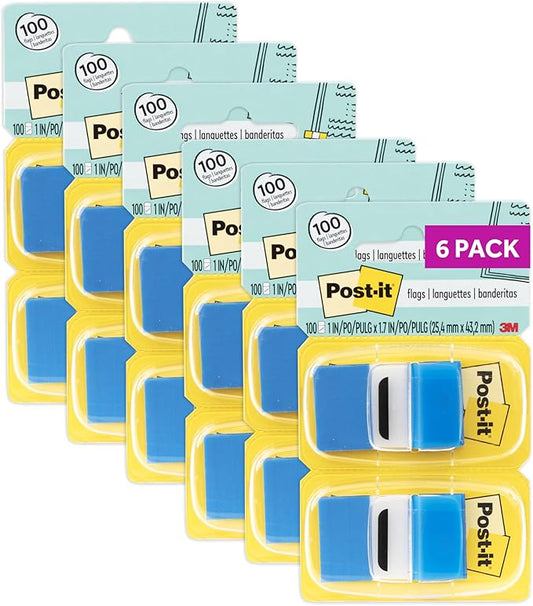 Post-it Flags, 1 in. x 1.7 in., Twelve Dispensers with 50-Count Blue Sticky Tabs Per Dispenser (600 Flags Total), Removable Page Markers for Planners, Journals, and Calendars