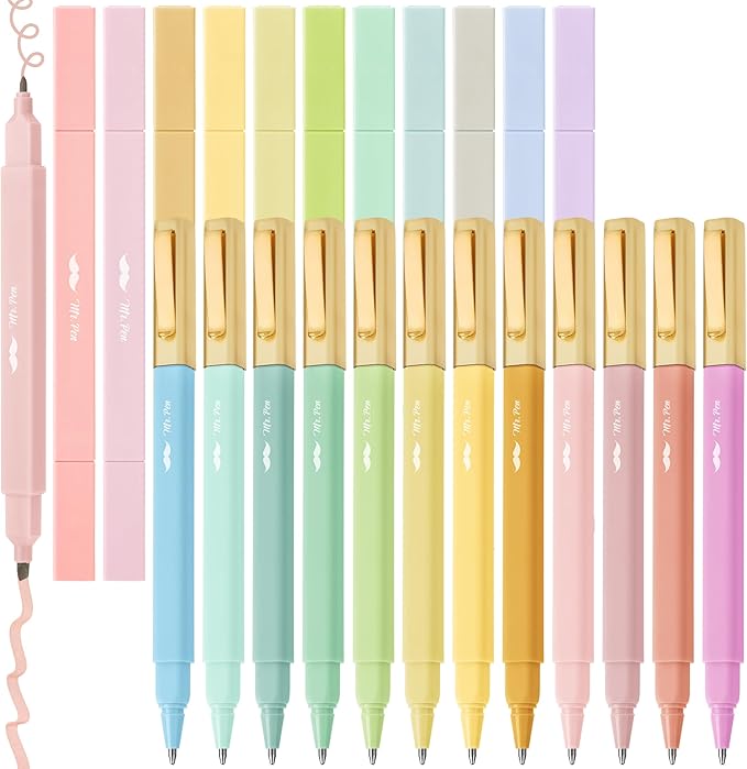 Mr. Pen- Dual Tip Aesthetic Highlighters and Pens No Bleed, 24Pack, Assorted Colors Bible Highlighters, Black Ink No Bleed Through Ballpoint Pens Ballpoint