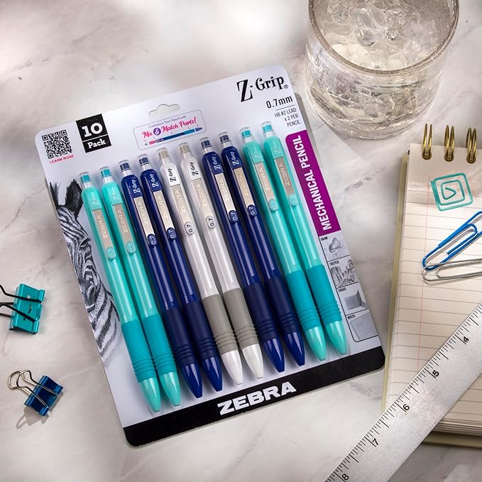 Zebra Pen, Z-Grip Mechanical Pencil, Smooth Writing, Latex-Free Grip, 0.7mm Lead, #2 HB, Pre-Loaded with Lead and Eraser, for School, Office, Everyday Use, Assorted Blue Barrels, 10-Pack, (50610)