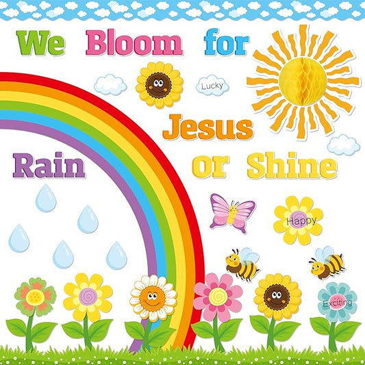 BeYumi 88Pcs We Bloom for Jesus Rain or Shine Christian Bulletin Board Set Spring Rainbow Sun Honeycomb Flowers Cutouts Name Tags Trim Border Faith Religious Sunday School Chalkboard Church Decoration