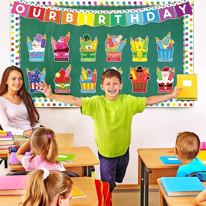 Aneco Happy Birthday Bulletin Board Decorations Cupcake Cutouts Border Trim Birthday Calendar Poster Party Supplies for School Home Wall Decor Supplies