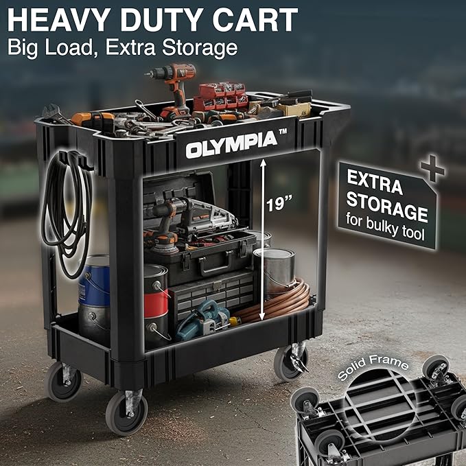 Olympia Tools 2 Tier Rolling Carts with Wheels – 500lbs Heavy Duty Utility Cart, Locking Swivel Wheels – Work Cart for Garage, Service & Industrial Use, Built-in Ruler