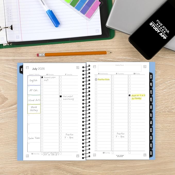 Five Star Planner 2026-2027 Weekly & Monthly Academic 12-Month July-June Advance Student Planner + Study App, 5-1/2" x 8-1/2", Blue (CAW45920)