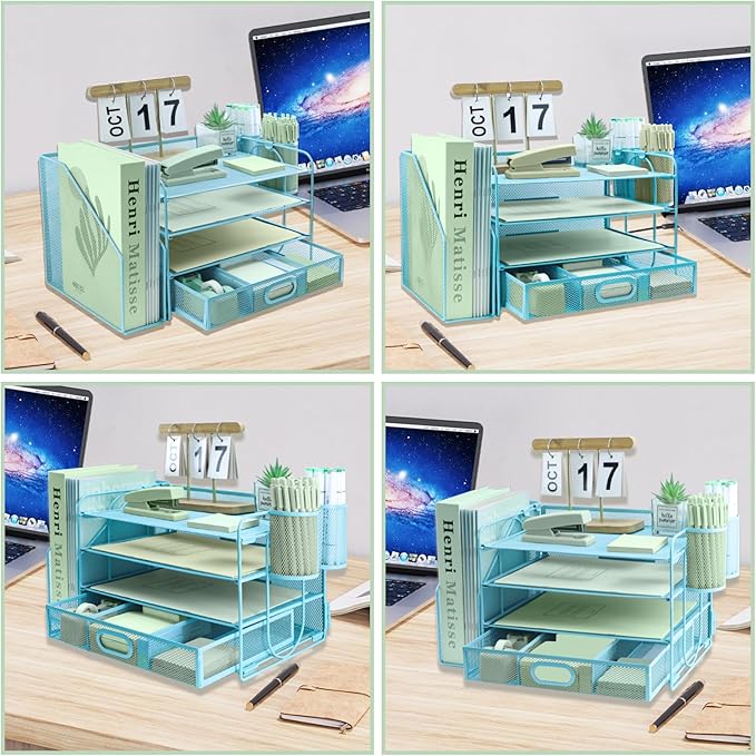 4 Tier Desk File Organiser with Extra Vertical File Sorter, Paper Letter Tray with Top Stationery Drawer Holder, A4 Paper Desktop Filing Trays, Magazine Document Holder for Home Office, Sky Blue