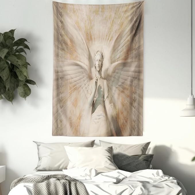 Ambesonne Retro Tapestry, Angel Woman in Medieval Site Vintage Style Mythical Design, Wall Hanging for Bedroom Living Room Dorm Decor, 60" X 80", Yellow White