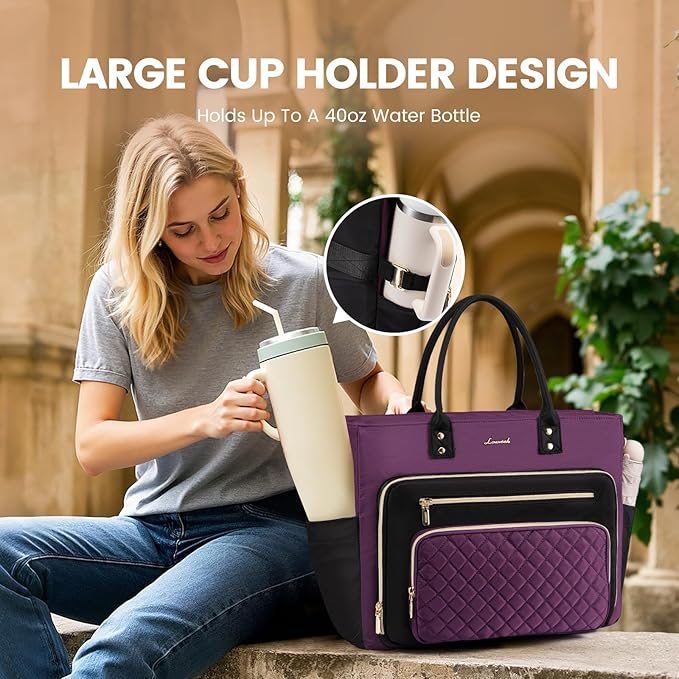 LOVEVOOK Teacher Tote Bag for Women Work, Laptop Bag Work Tote Bag Nurse Bags With Large Cup Holder, Professional Computer Briefcase Business Large Purses Handbag, Diaper Bag Mother Gift, Black-Purple