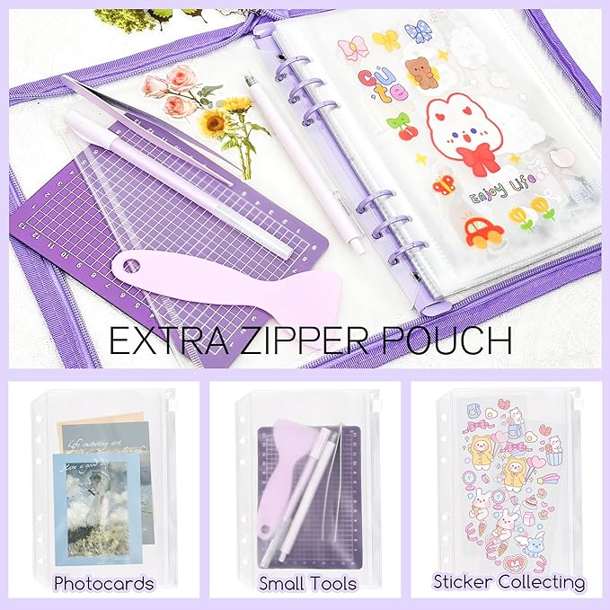 5-in-1 Sticker Organizer Book Reusable A5 Storage Binder with 220 Pockets,10 Release Papers, Zipper Album Sticker Collecting Display Keeper (Purple)