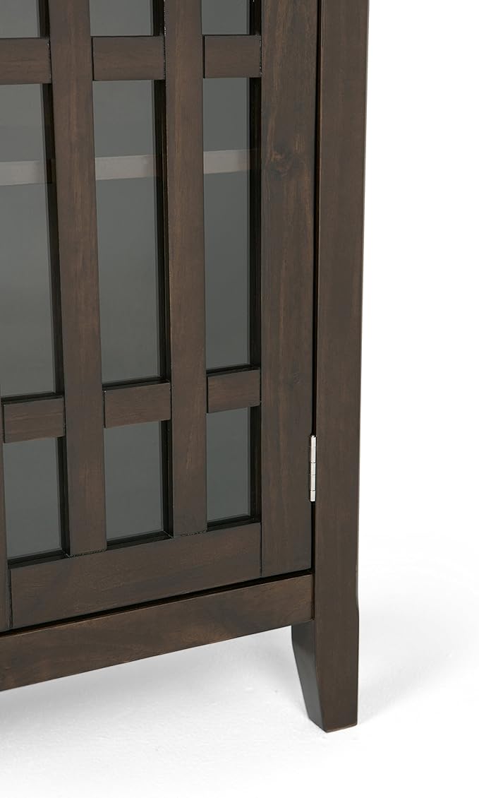 SIMPLIHOME Bedford Storage Cabinet - 32 inch Wide Solid Wood Low Media Cabinet in Dark Tobacco Brown, Transitional Console for Living Room, Entryway, or Dining Room with Glass Doors and Shelves
