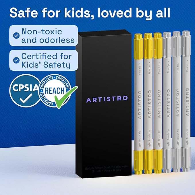 ARTISTRO Gold & Silver Acrylic Paint Pens – Dual Tip Markers – Brush & Fine Tip Paint Pens for Calligraphy, Crafts, Greeting Cards, Ornament Decor, DIY Art