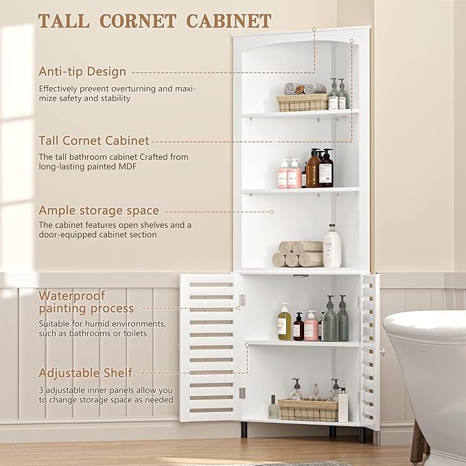 VECELO Tall Corner Cabinet, 68.8'' Storage Cabinet with Doors and Adjustable Shelves, for Living Room, Bathroom, Kitchen, White