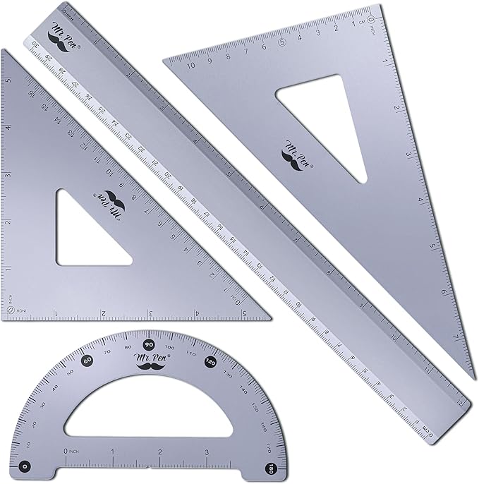 Mr. Pen- Geometry Set, 4 Pack, Periwinkle Gray, Metal Geometry Kit, Triangle Ruler, Metal Ruler, Drafting Triangles, Metal Protractor, Metal Set Square, Drafting Ruler, Drafting Set