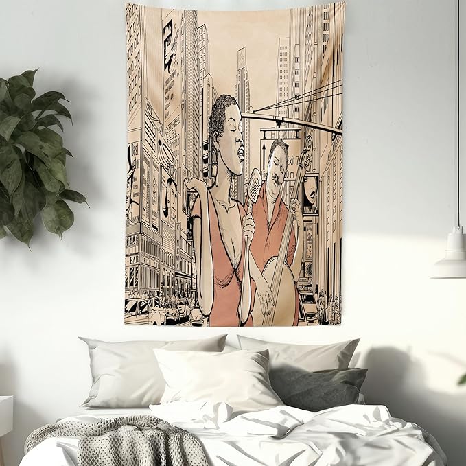 Ambesonne Jazz Music Tapestry Twin Size, Singer Double-Bass Player in a Street of New York Urban Lifestyle Image, Wall Hanging Bedspread Bed Cover Wall Decor, 68" X 88", Brown Beige
