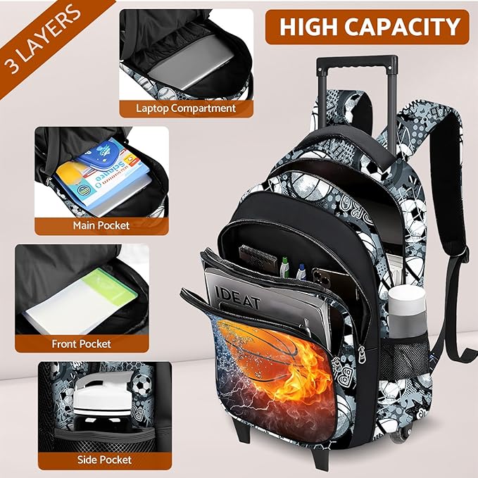 Basketball Rolling Backpack for Boys - 3PCS Boys Rolling Backpack with Lunch Box Set for Kids Children Teens Elementary Middle School,Sport Roller Bookbag with Wheels for Age 6-18