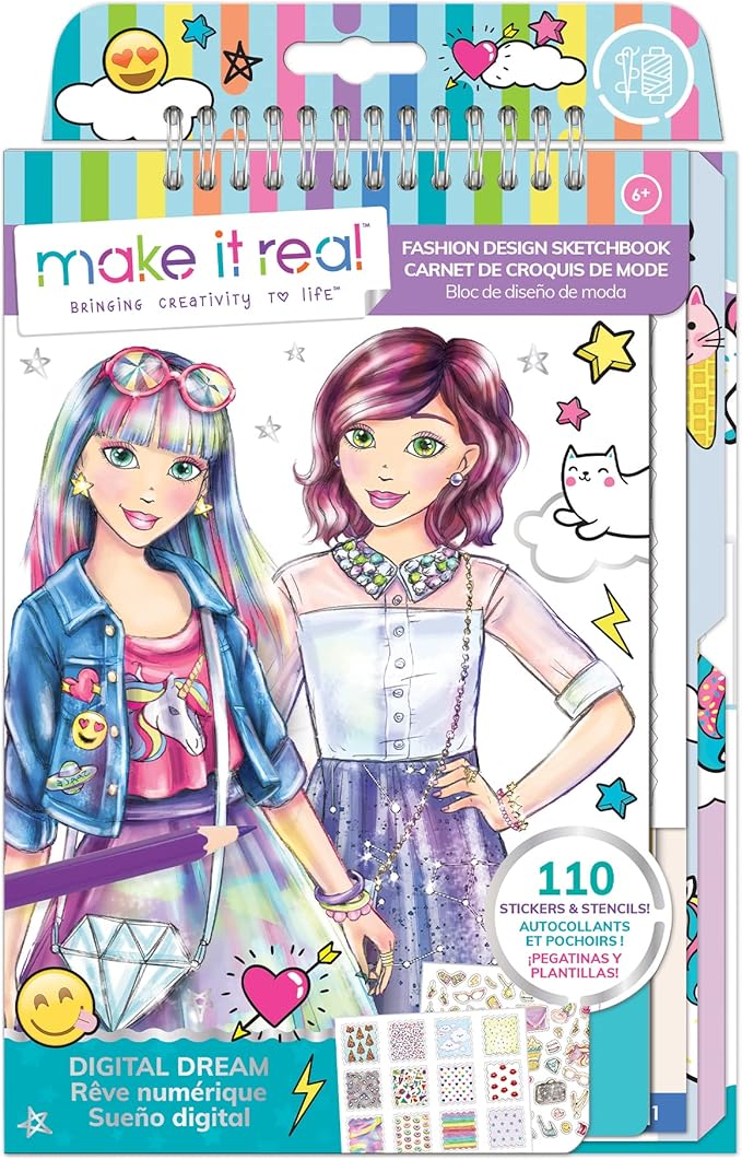 Make It Real Fashion Design Sketchbook for Girls - Digital Dream Kit with 110 Stickers, Stencils, Design Guide - Emoji & Food Inspired Fashion, Creative Gift Kids Ages 6+, Develops Real-World Skills