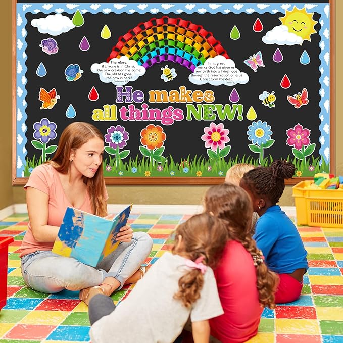 Religious Spring Bulletin Board Set Spring Rainbow Flower Classroom Decorations Christian Clouds Paper Cutouts for Door Wall Decor Easter Church Sunday School Supplies