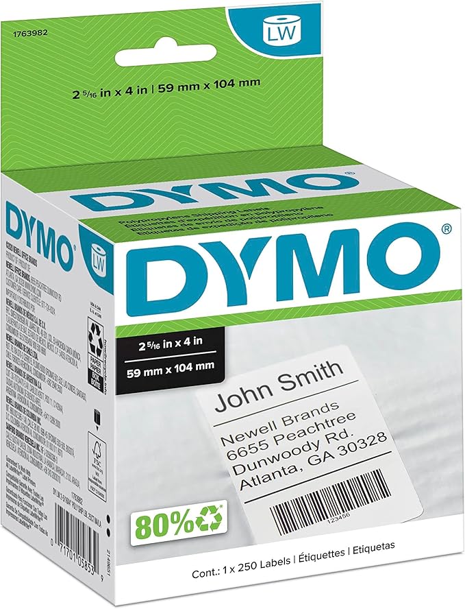 DYMO LW Shipping Labels for LabelWriter Label Printers, White, (2-5/16 x 4)-Inch, 1 roll of 250 (1763982)