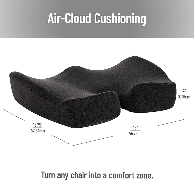 Mind Reader Air-Cloud Memory Foam Seat Cushion, Ergonomic Support for Lower Back, Coccyx, and Hip Pain Relief, Promotes Better Posture, Washable Cover, Black