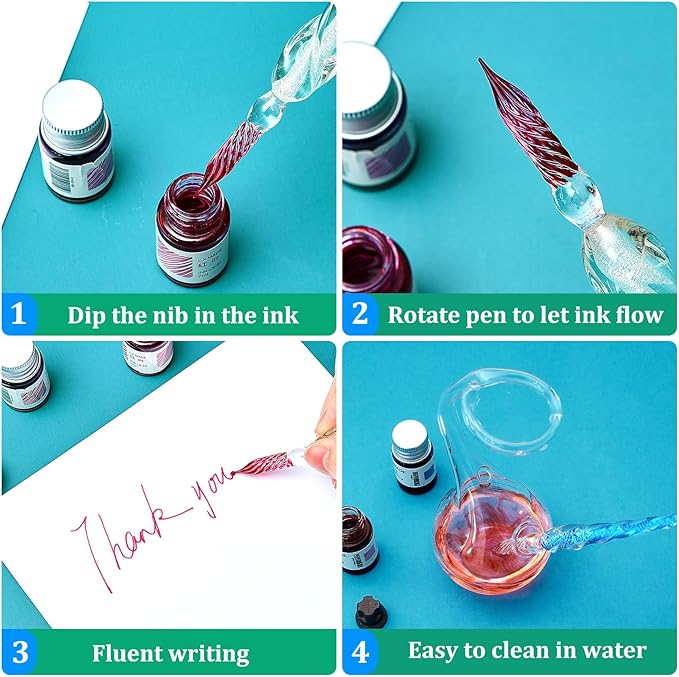 Zonon 6 Pieces Handmade Glass Dip, Crystal Glass Signature Calligraphy Vintage Dip Ink Pen Borosilicate Present Pen for Writing Drawing Decoration(Classic Color,Elegant Style)