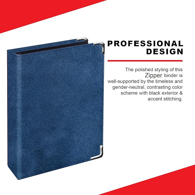 Leather Portfolio 3 Ring Binder with Zipper – Performore Professional Padfolio with Metal Corners, 1.25 Inch Rings, Faux Leather Organizer for Documents, Business, Legal Pads, Letter Size, Blue