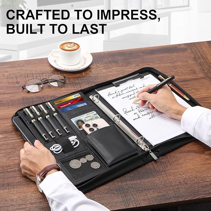 IVGHV Portfolio Binder Organizer Portfolio Folder for Men Faux Leather Padfolio for Women - 3 Ring Binder with Handle & Clipboard, A4 Size Business Padfolio Folder for Resume Conference (Black)