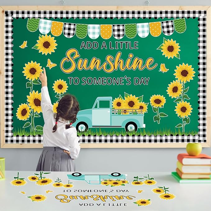 ZOIIWA Spring Sunflower Bulletin Board Decorations Summer Sunflower Truck Classroom Bulletin Board Black Plaid Borders Yellow Sunflower Cutouts Back to School Teacher Supplies School Office Wall Decor