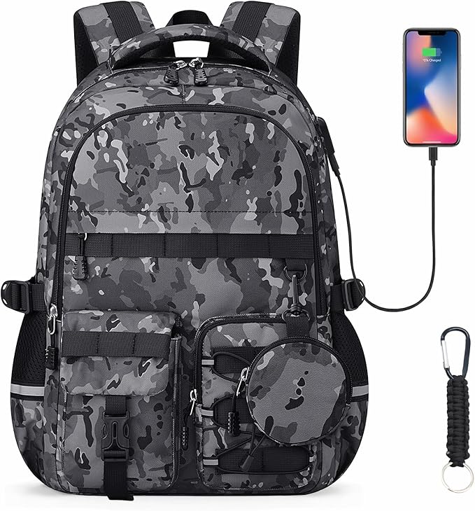 School Backpack for Boys - Camo Boys Backpack for Kids Teens Elementary, Middle & High School Bookbag Daypack with Camouflag Design,18″ Large Capacity with Usb Charging Port & Key-chain