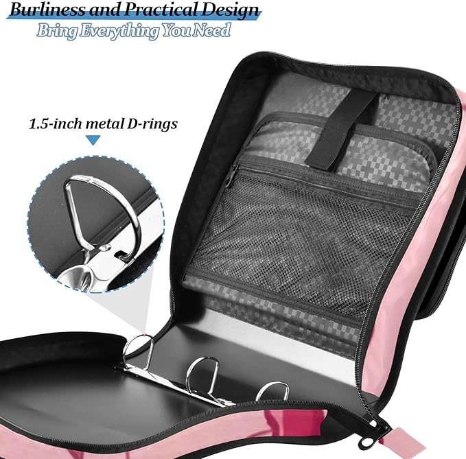 Bow Cherry Pink Zipper Binder Bag 3 Ring Binder with Shoulder Strap Zip Up 500 Sheets Capacity Multi Pockets for School Office Supplies