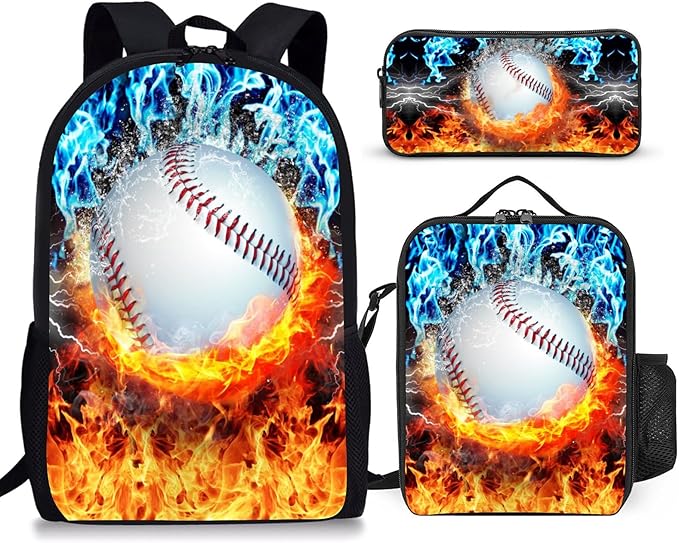 3PCS Baseball Backpack Set for Boys, Lightweight Large Backpack with Lunch Box & Pencil Case, Cool Sport Bookbag for Kids, Back to School Backpacks for Elementary & Middle School - 01