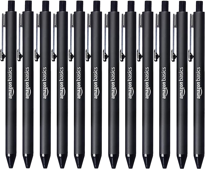 Amazon Basics Retractable Ballpoint Pens with Comfortable Grip for Smooth Writing, Black, Note-Taking, Office and School Supplies, 12-Pack