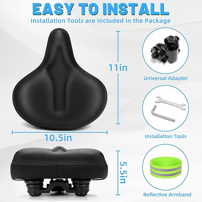 Oversized Bike Seat for Men & Women, Comfortable Gel Padded, Extra Wide Bicycle Seat Cushion Comfort, Replacement Saddle for Peloton, Stationary Exercise Bike, Mountain Bike, Cruiser, City Bike
