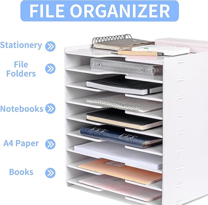Paper Organizer Storage for Desk, 9 Tier Construction File Organizer Paper Sorter, Desktop Document Storage Holder for Home Office School, 14 1/8" x 10 1/4" x 15 3/8", White