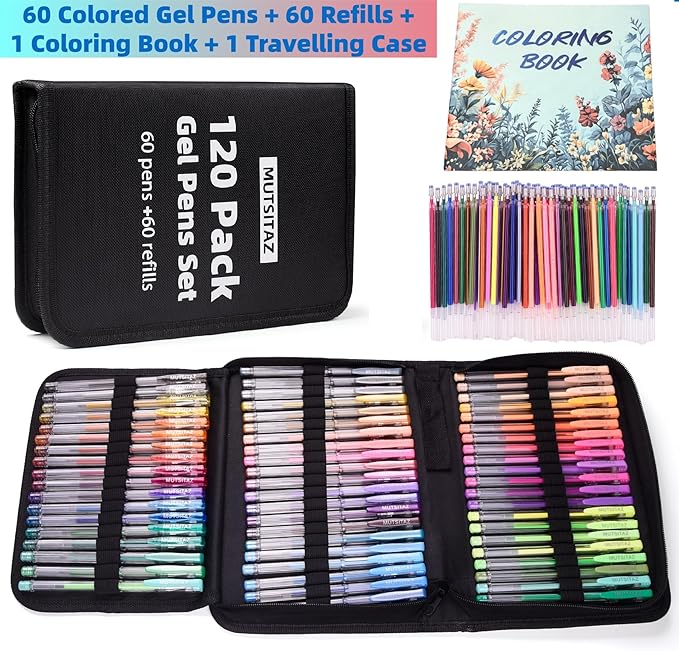 120 Packs Coloring Gel Pens Set, 60 Coloured Gel Pen with 60 Refills Set for Adult Colouring Books, Drawing,and Writing