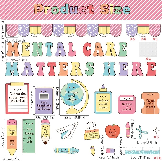 Mental Health Stationery Bulletin Board Decorations Set Pastel Mental Care Matters Here Classroom Decor Back to School Positive Paper Cutouts for School Office Home Teacher Classroom Wall Supplies