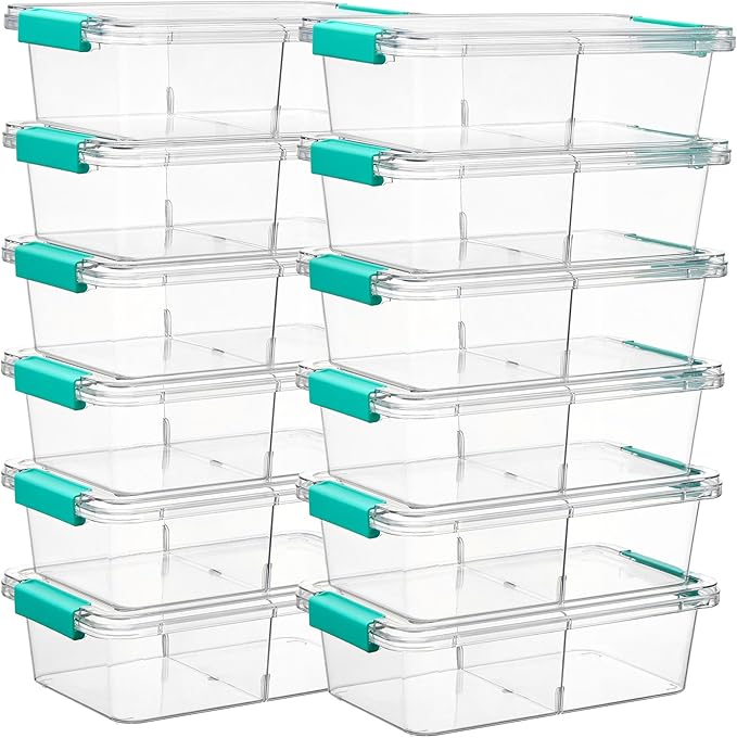 Vtopmart 12 Pack 1.5 Qt Clear Pencil Box, Plastic Pencil Holder with Removable Divider for Pen Organizer, Stackable Containers with Lid for Pen, Art Craft, Sticker, Scrapbook & Office Supplies
