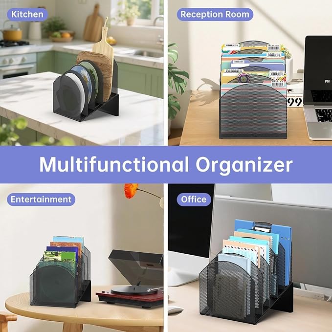 5-Section Desk File Organizer, Vertical File Organizer for Desk, Mesh Mail Holder for Letter Size Folders, Black