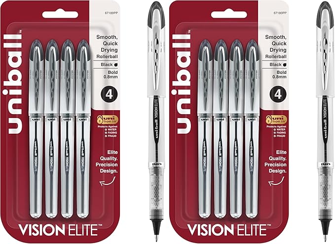 Uni-Ball 67180PP Vision Elite Rollerball Pens, Bold Point (0.8mm), Black, 4 Count (Pack of 2)