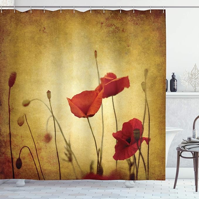 Ambesonne Poppy Flower Shower Curtain, Flower and Buds on Ambient Grunge Background Retro Effects Bohemian, Cloth Fabric Bathroom Decor Set with Hooks, 69" W x 70" L, Pale Brown Vermilion