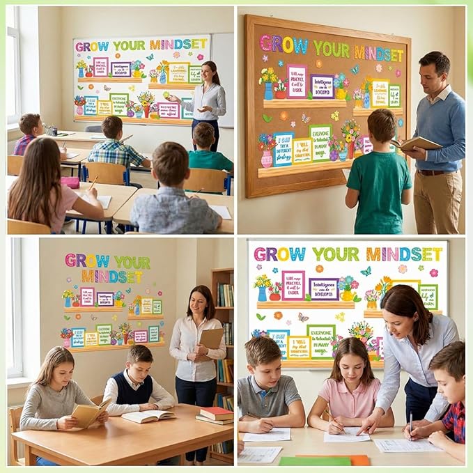 Qilery Grow Your Mindset Bulletin Board Set Spring Floral Classroom Decorations - Motivational Potted Plant Flower Cutouts for Teachers - Positive Affirmations Wall Art for Elementary School Counselor