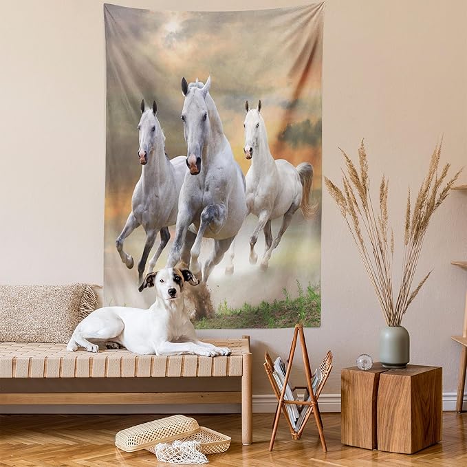 Ambesonne Horses Tapestry, Stallion Horses Running on a Mystic Sky Background Male Champions Print, Wall Hanging for Bedroom Living Room Dorm Decor, 40" X 60", White Orange