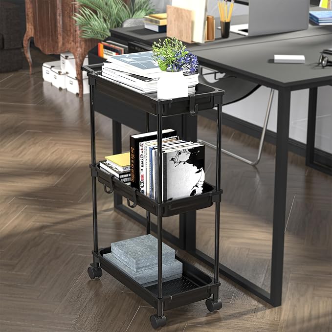 SimpleHouseware Standard 3-Tier Slim Rolling Storage Cart, Black