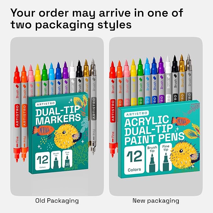 ARTISTRO 12 Acrylic Paint Markers - Paint Pens for Calligraphy, Brush + Fine Tips - For Fabric, Rock, Glass, Wood, DIY, Craft, Canvas - Art and Craft Supplies for Adults, Teens, Kids