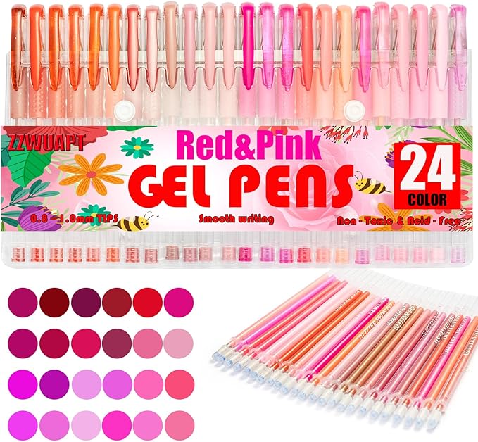 Red Pink Gel Pens,72 Color Gel Pens Set including 24 Color Gel Pen with 48 Refills,40% More Ink Colored Gel Pens for Drawing, Doodling, Scrapbook, Journaling