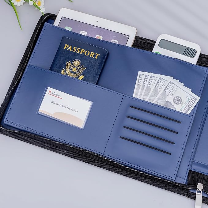 Antner Zippered 7 Ring Business Check Binder Portfolio for 3-Up Business Size Checks, PU Leather 7 Ring Checkbook Binder 600 Checks Capacity for 9" x 13" Sheets, Built-in Storage Organizer, Navy Blue