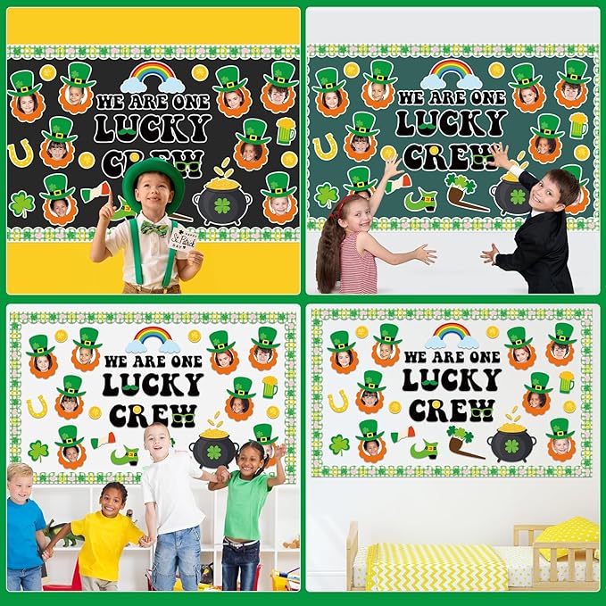 St. Patrick's Day Bulletin Board Set Shamrock Gold Coin Leprechaun Hat and Beard DIY Photo Craft Cutouts One Lucky Crew Green Irish March Classroom Decoration for Holiday Party School Home Wall Decor