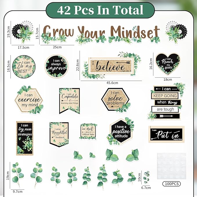42Pcs Grow Your Mindset Bulletin Board Set Eucalyptus Leaves Greenery Paper Cutouts with 100Pcs Glue Points for Back to School Party Classroom Craft Wall Decor